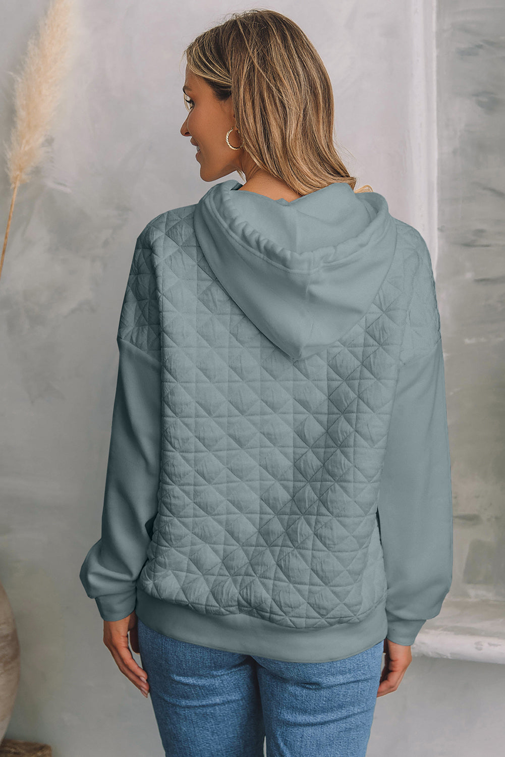 Light Grey Drop Shoulder Quilted Patchwork Kangaroo Pocket Hoodie-Tops/Sweatshirts & Hoodies-[Adult]-[Female]-2022 Online Blue Zone Planet