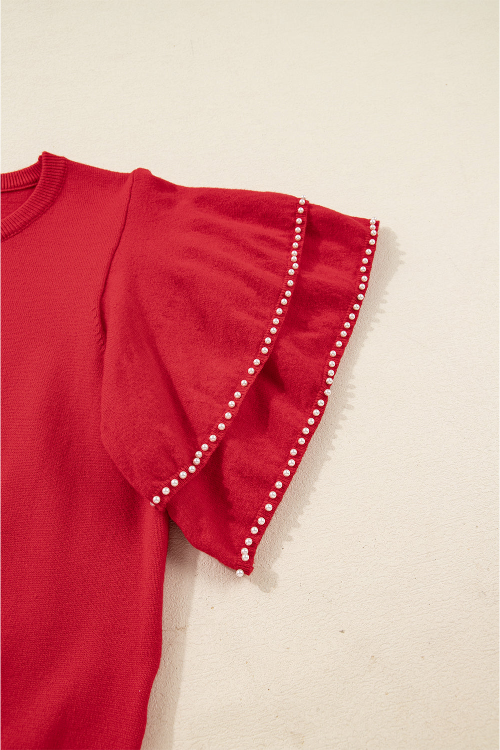 Racing Red Pearl Embellished Double Ruffle Short Sleeve Sweater-TOPS / DRESSES-[Adult]-[Female]-2022 Online Blue Zone Planet