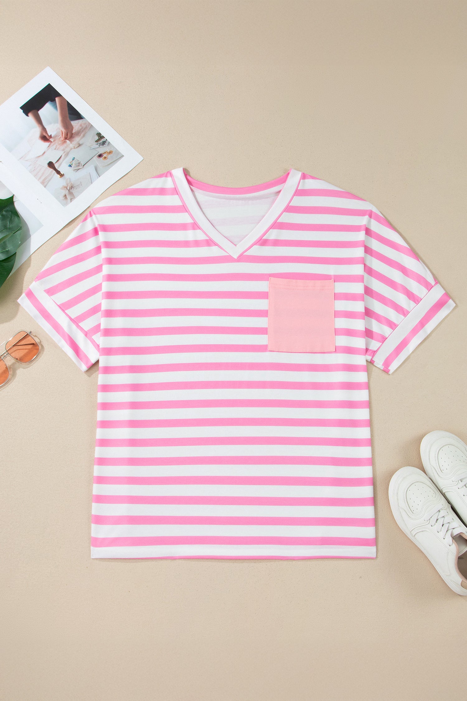 Pink Stripe Colorblock Patched Pocket V Neck Plus Size Tee-Plus Size/Plus Size Tops/Plus Size Tops & Tees-[Adult]-[Female]-2022 Online Blue Zone Planet