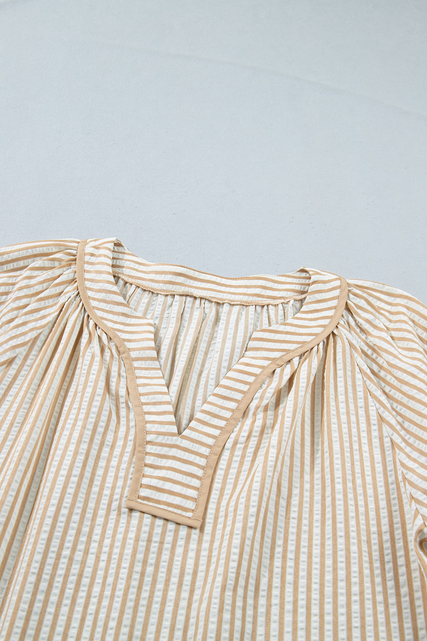 Khaki Stripe V Neck Floral Embroidered Long Sleeve Blouse-Tops/Blouses & Shirts-[Adult]-[Female]-2022 Online Blue Zone Planet
