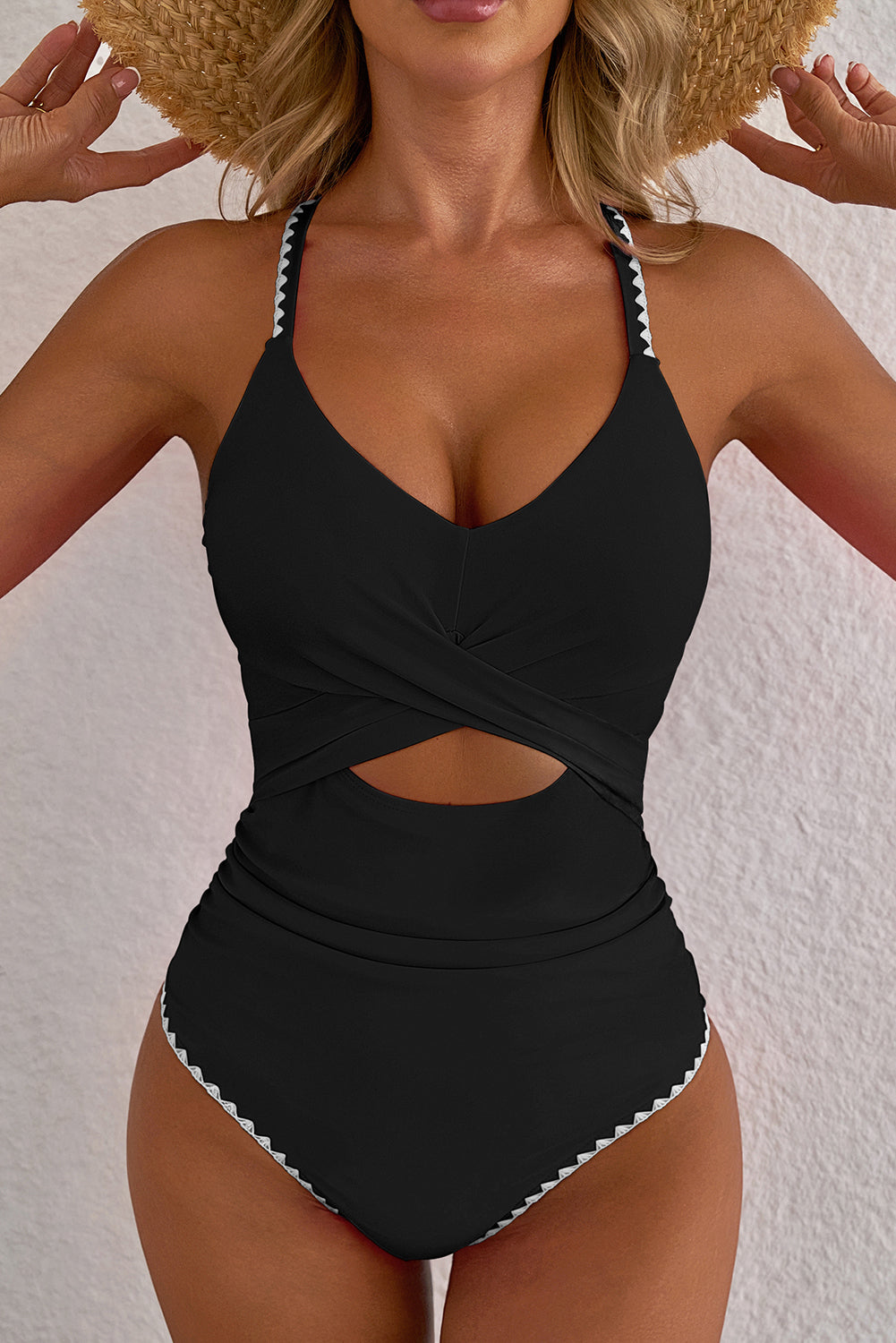 Black Ric Rac Trim Contrasted Patchwork Cutout One Piece Swimsuit-Swimwear/One Piece Swimsuit-[Adult]-[Female]-2022 Online Blue Zone Planet