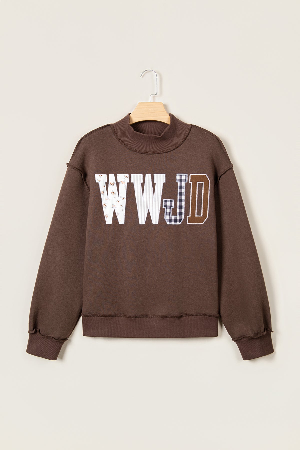 Coffee WWJD Mixed Pattern Embroidered Patch Graphic Mock Neck Sweatshirt-Tops/Sweatshirts & Hoodies-[Adult]-[Female]-2022 Online Blue Zone Planet