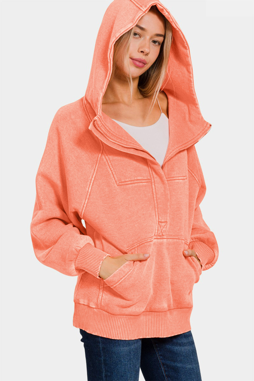 Blue Zone Planet | Zenana Acid Wash Fleece Kangaroo Hoodie-TOPS / DRESSES-[Adult]-[Female]-2022 Online Blue Zone Planet