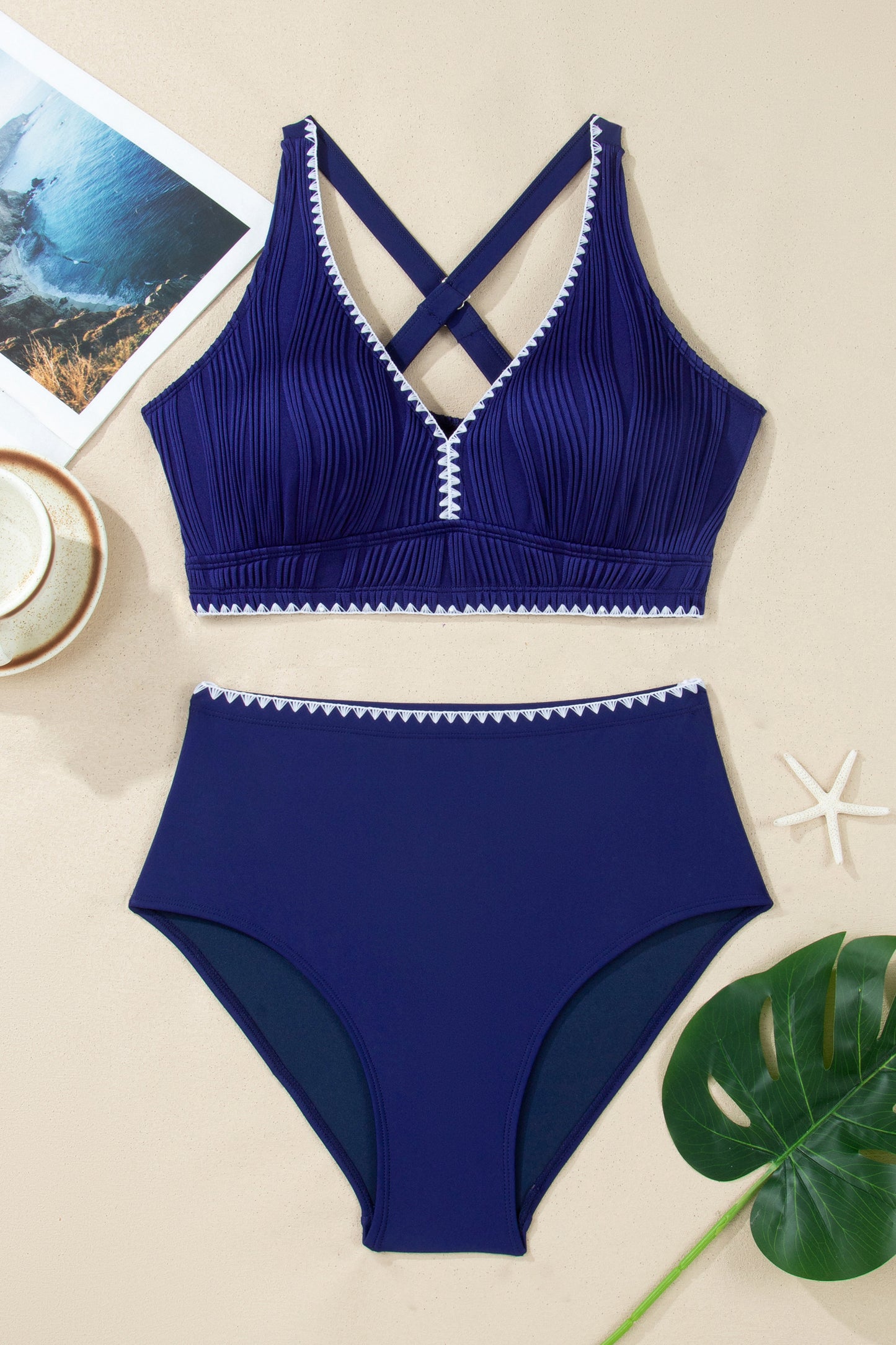 Dark Blue Shell Stitched Trim V Neck Textured Mix and Match High Waist Bikinis-Swimwear/Bikinis-[Adult]-[Female]-2022 Online Blue Zone Planet
