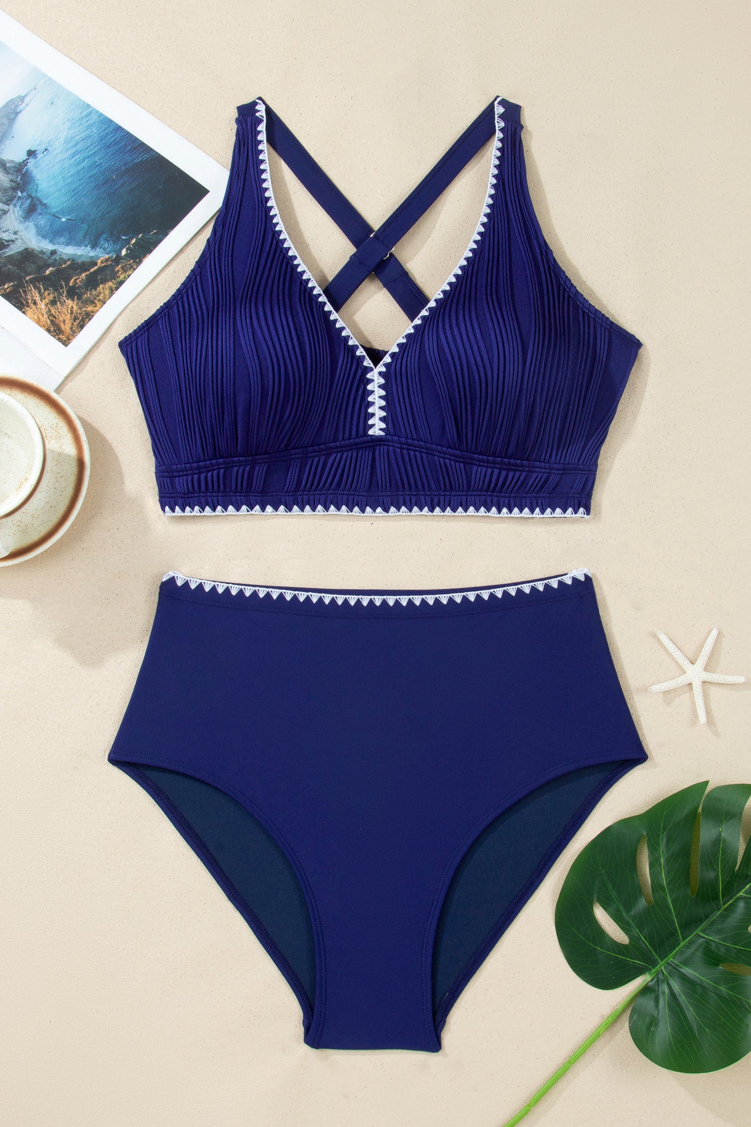 Dark Blue Shell Stitched Trim V Neck Textured Mix and Match High Waist Bikinis-Swimwear/Bikinis-[Adult]-[Female]-2022 Online Blue Zone Planet
