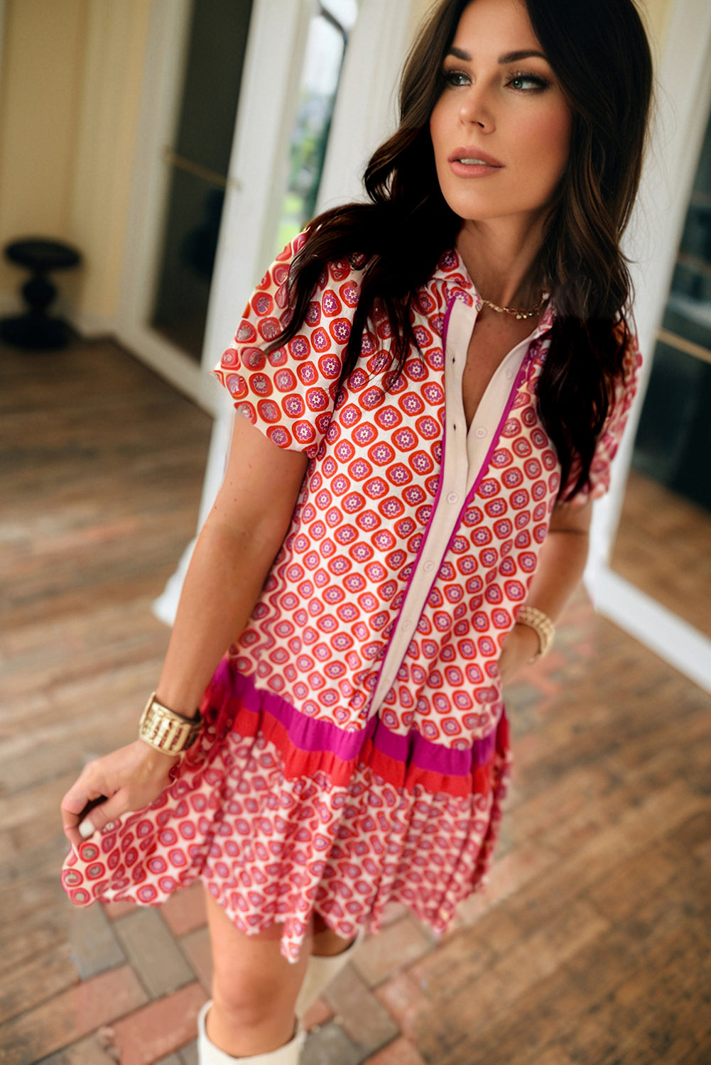 Orange Geometric Floral Print Color Block Trim Button Front Ruffle Hem Dress-TOPS / DRESSES-[Adult]-[Female]-2022 Online Blue Zone Planet