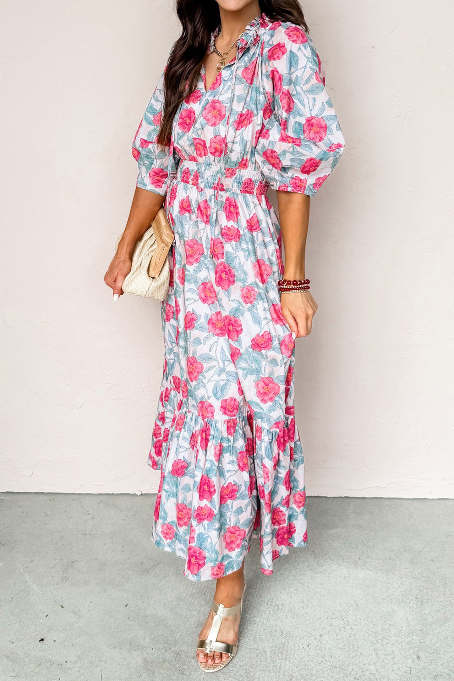 Red Elegant Floral Puff Sleeve Midi Dress-TOPS / DRESSES-[Adult]-[Female]-2022 Online Blue Zone Planet