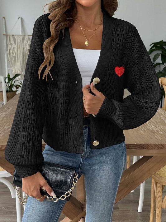 Heart Button Down V-Neck Long Sleeve Cardigan-TOPS / DRESSES-[Adult]-[Female]-Black-S-2022 Online Blue Zone Planet