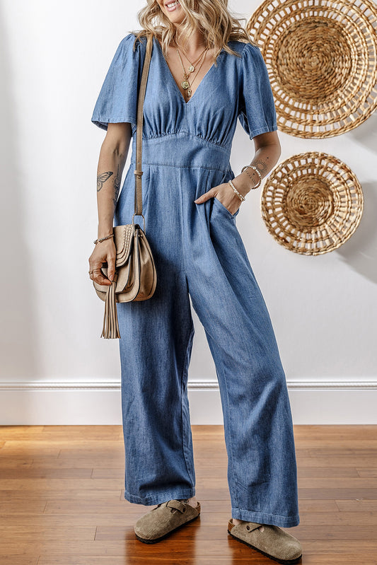 Ashleigh Blue V Neck Short Sleeve Smocked Back Denim Loose Jumpsuit-Bottoms/Jumpsuits & Rompers-[Adult]-[Female]-Ashleigh Blue-S-2022 Online Blue Zone Planet