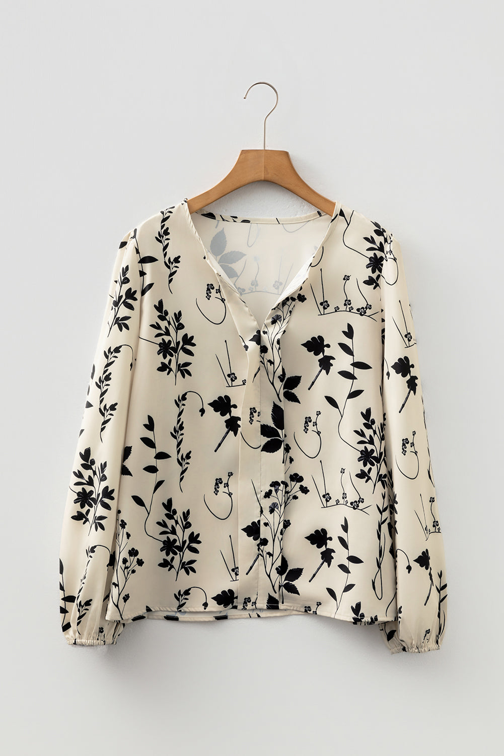 Khaki Botanical Floral Print Split Neck Long Sleeve Blouse-Tops/Blouses & Shirts-[Adult]-[Female]-2022 Online Blue Zone Planet