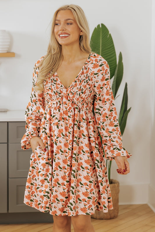 Blue Zone Planet |  Beige Floral Deep V Neck Smocked Bust Bubble Sleeve Babydoll Dress
