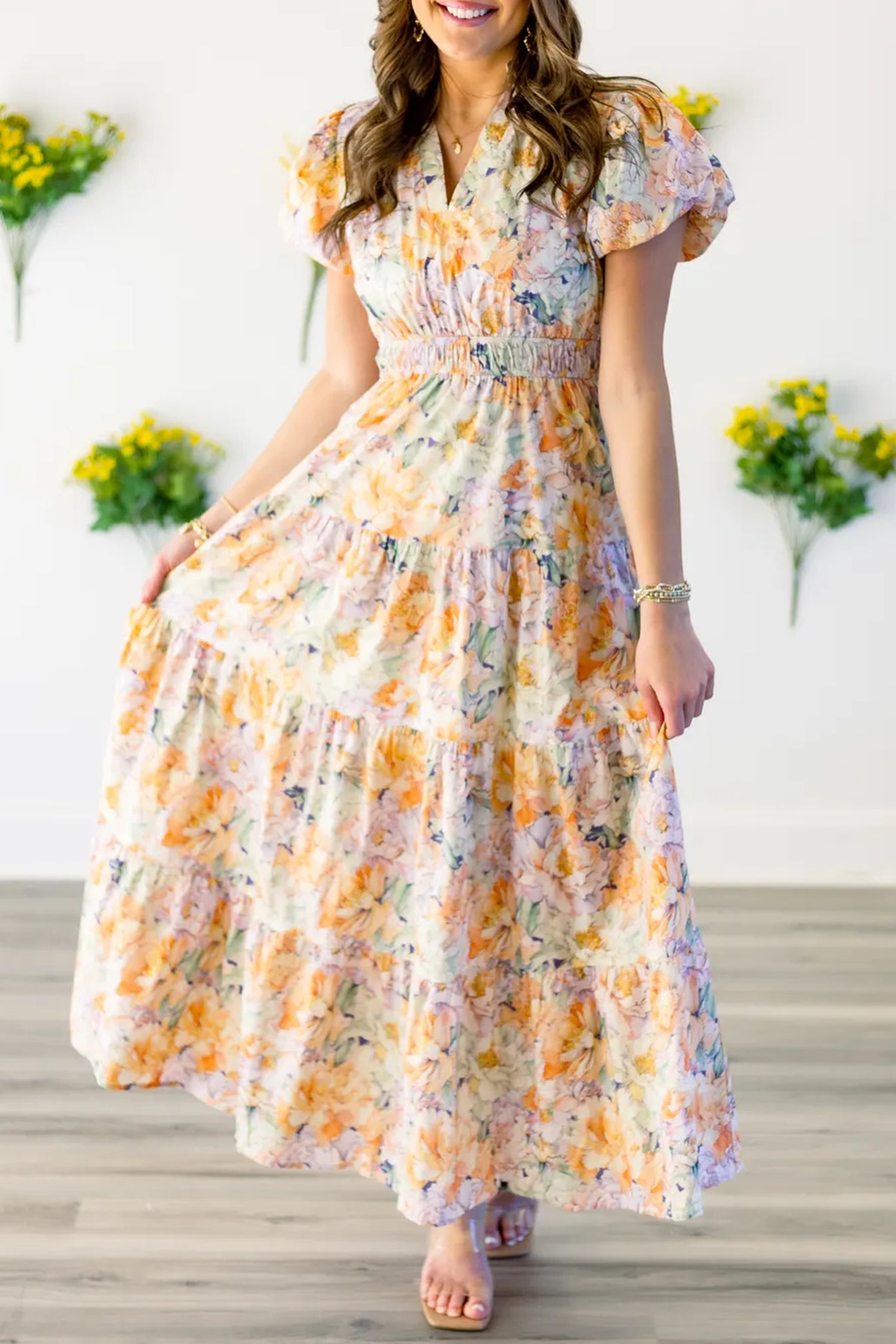 Orange Floral Bubble Sleeve V Neck Flared Maxi Dress-Dresses/Floral Dresses-[Adult]-[Female]-Orange-S-2022 Online Blue Zone Planet