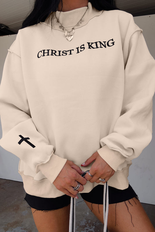 Beige CHRIST IS KING Embroidery High Neck Baggy Sweatshirt-Tops/Sweatshirts & Hoodies-[Adult]-[Female]-Beige-S-2022 Online Blue Zone Planet