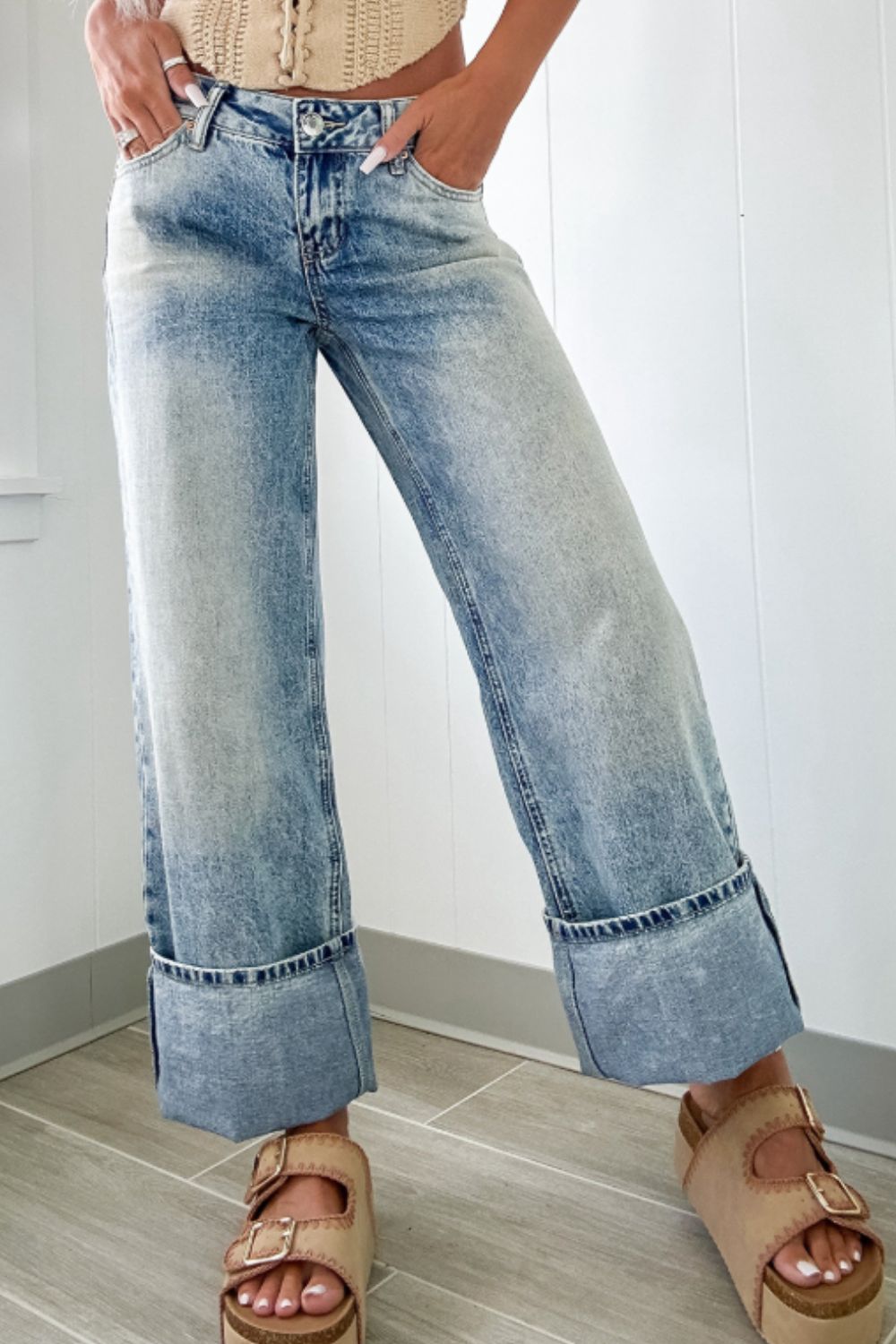 Blue Zone Planet | Washed Wide Leg Jeans with Pockets-BOTTOM SIZES SMALL MEDIUM LARGE-[Adult]-[Female]-2022 Online Blue Zone Planet