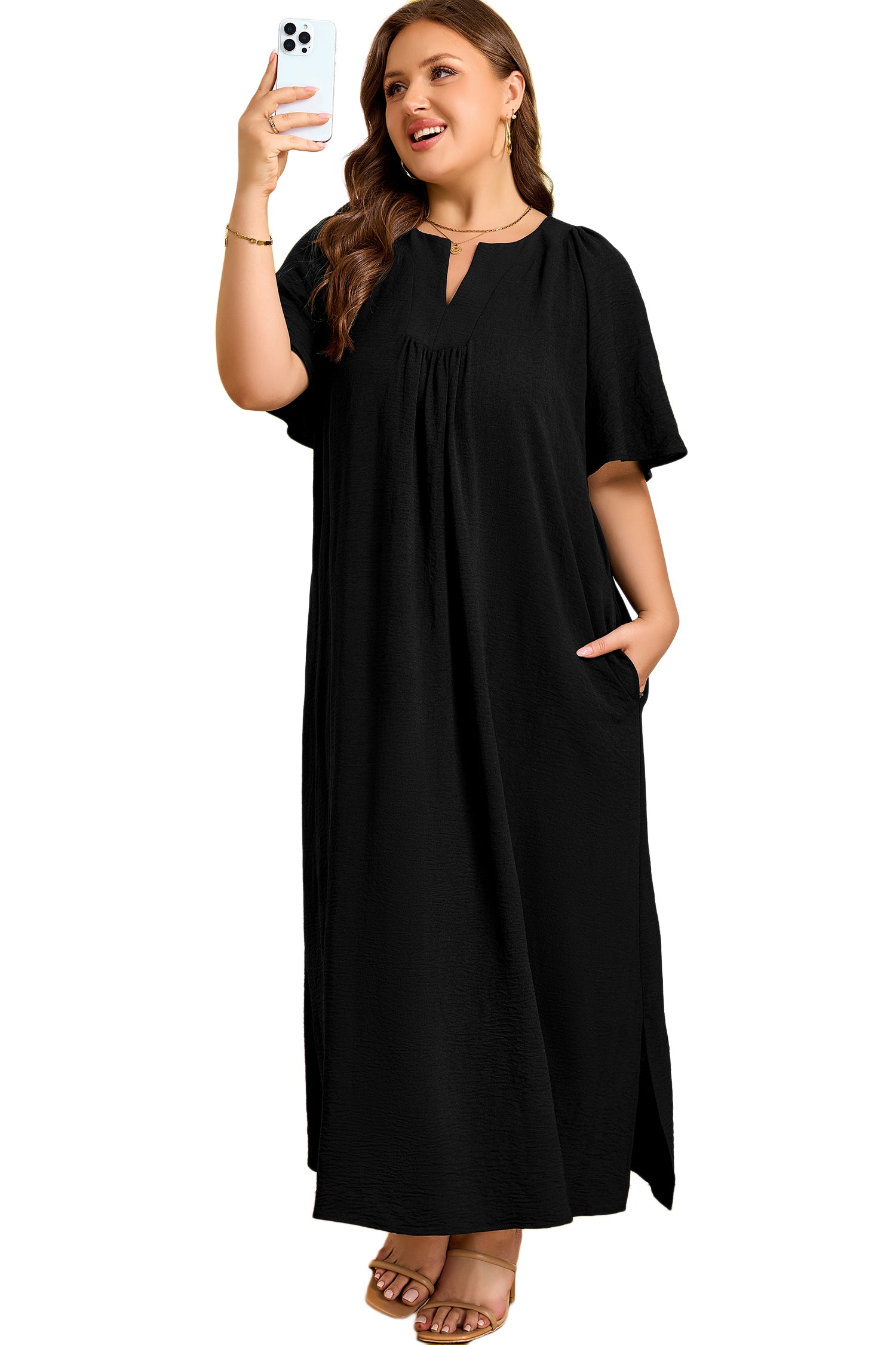 Black Plus Size Solid Color Notched Neck Short Sleeve Loose Dress-TOPS / DRESSES-[Adult]-[Female]-2022 Online Blue Zone Planet
