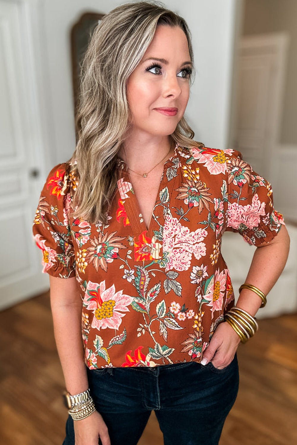 Brown Floral Stitched V Neck Frilled Trim Puff Short Sleeve Blouse-Plus Size/Plus Size Tops/Plus Size Blouses & Shirts-[Adult]-[Female]-2022 Online Blue Zone Planet