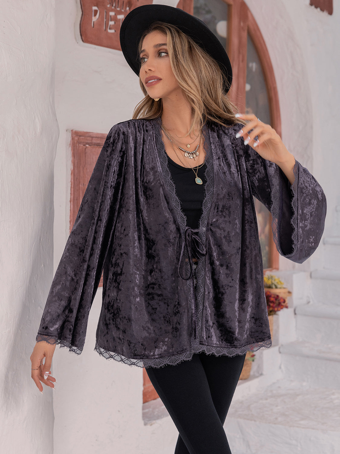 Blue Zone Planet | Tied Lace Detail Long Sleeve Cardigan-TOPS / DRESSES-[Adult]-[Female]-2022 Online Blue Zone Planet