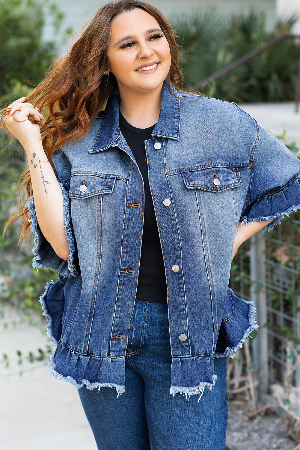 Blue Zone Planet | Peacock Blue Ruffled Frayed Short Sleeve Plus Size Denim Jacket-Plus Size/Plus Size Outerwear-[Adult]-[Female]-2022 Online Blue Zone Planet