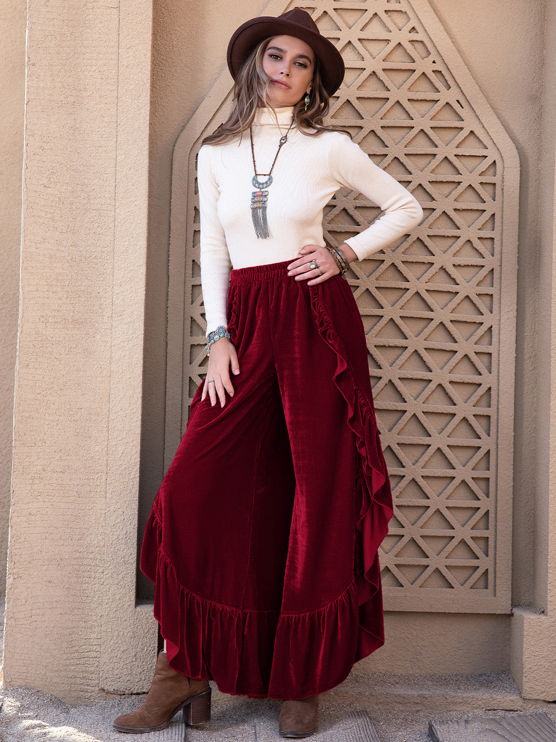 Slit Ruffled Wide Leg Pants-BOTTOMS SIZES SMALL MEDIUM LARGE-[Adult]-[Female]-2022 Online Blue Zone Planet