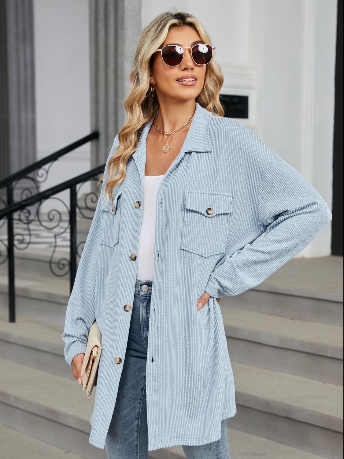 Double Take Textured Pocketed Collared Neck Long Sleeve Shirt-TOPS / DRESSES-[Adult]-[Female]-Light Blue-S-2022 Online Blue Zone Planet