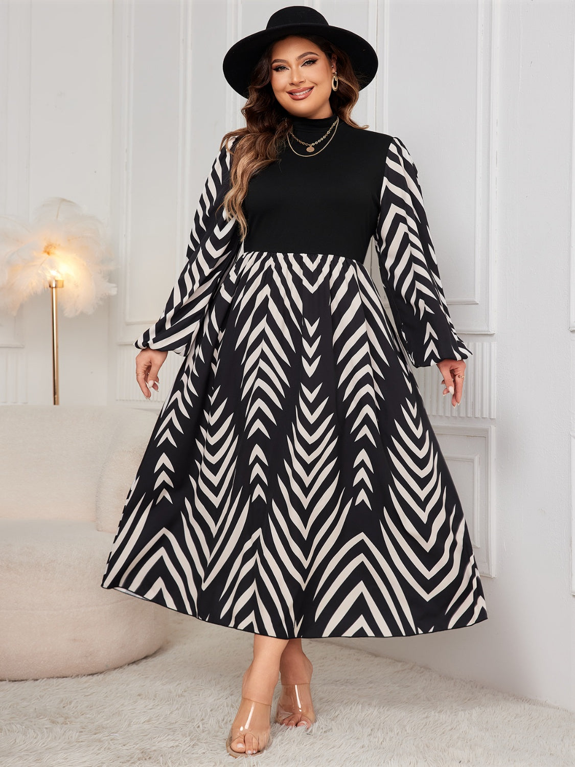 Blue Zone Planet | Plus Size Printed Mock Neck Long Sleeve Midi Dress-TOPS / DRESSES-[Adult]-[Female]-2022 Online Blue Zone Planet