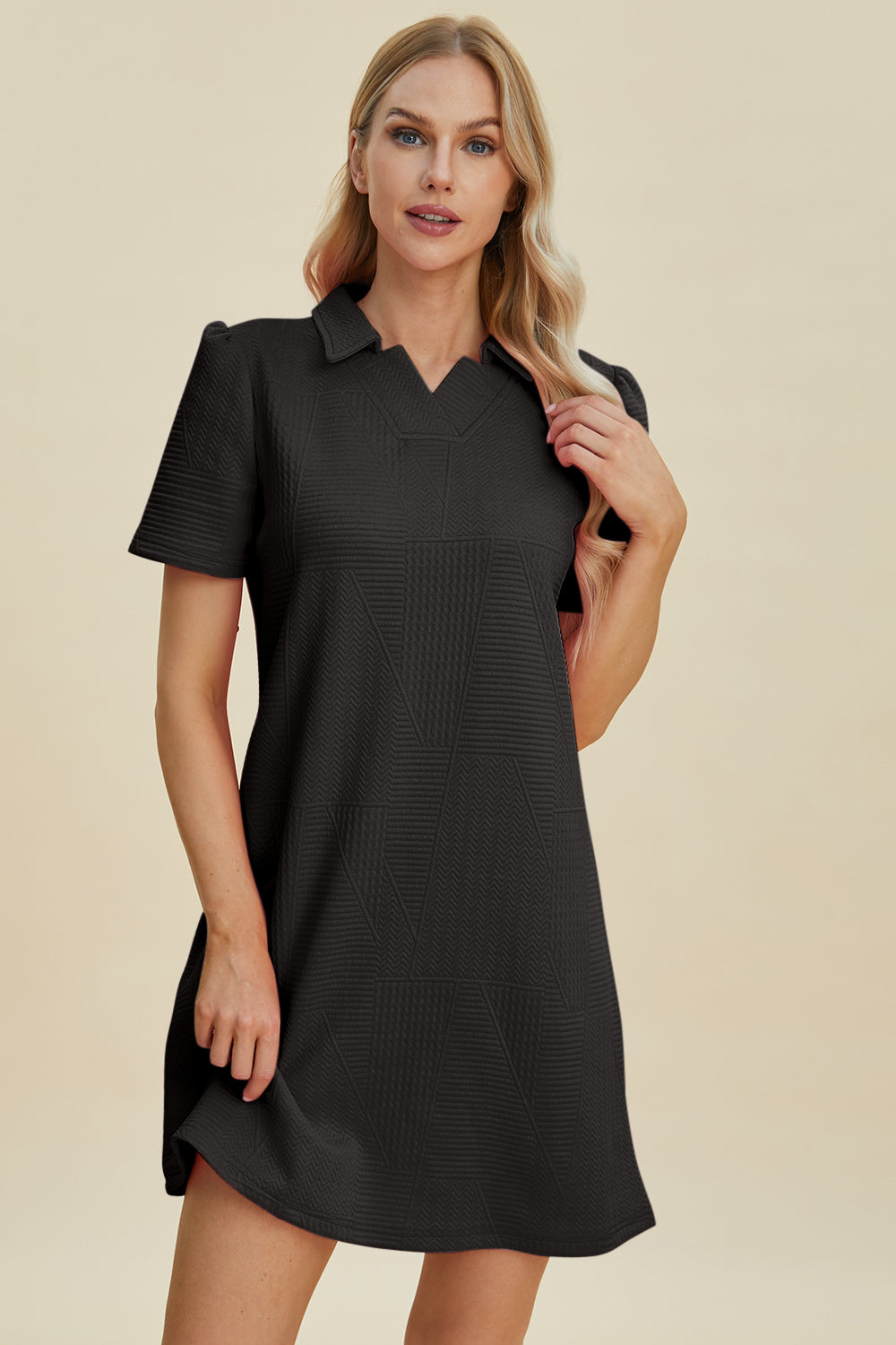 Double Take Full Size Texture Short Sleeve Dress-TOPS / DRESSES-[Adult]-[Female]-Black-S-2022 Online Blue Zone Planet