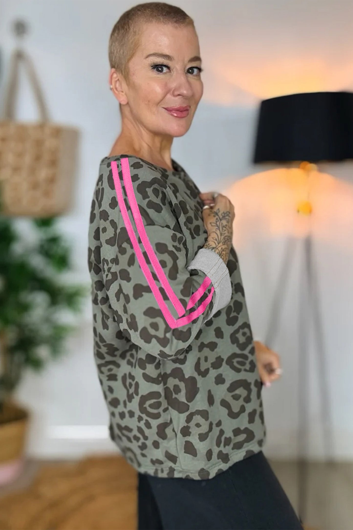 Green Leopard Print Varsity Striped Trim Long Sleeve Top-Tops/Long Sleeve Tops-[Adult]-[Female]-2022 Online Blue Zone Planet