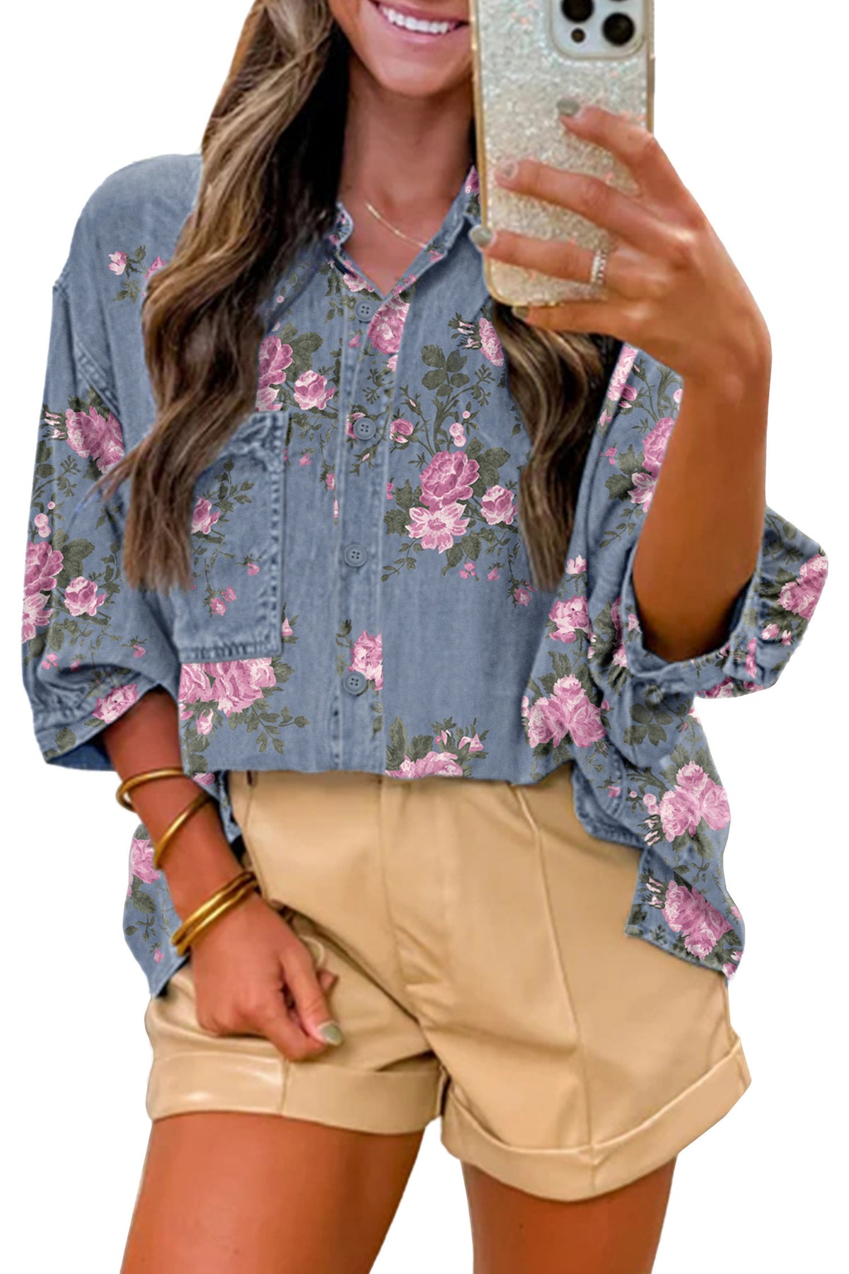 Blue Bracelet Sleeve Floral Denim Shirt-Bracelet-[Adult]-[Female]-2022 Online Blue Zone Planet