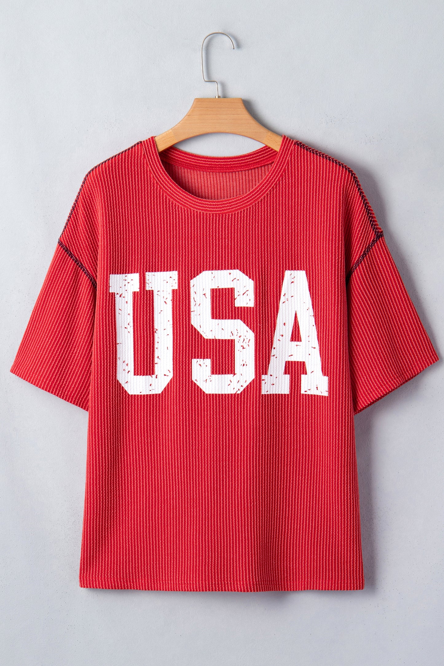 Fiery Red Usa Graphic Half Sleeve Loose Ribbed Top-Tops/Tops & Tees-[Adult]-[Female]-2022 Online Blue Zone Planet