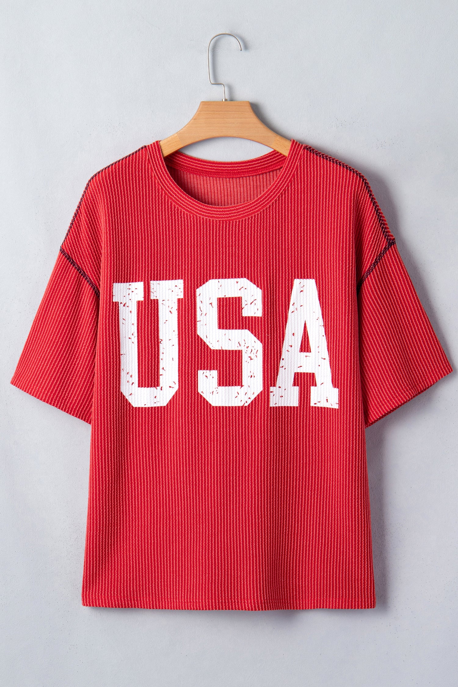 Fiery Red Usa Graphic Half Sleeve Loose Ribbed Top-Tops/Tops & Tees-[Adult]-[Female]-2022 Online Blue Zone Planet
