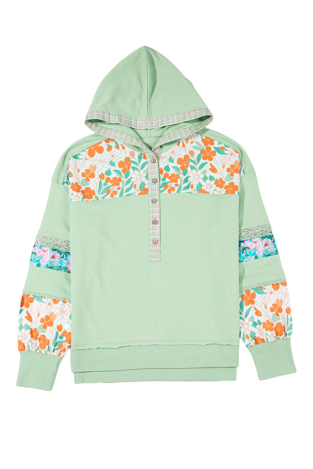 Clearly Aqua Lace Floral Patchwork Half Button Hooded Pullover-Tops / Dresses-[Adult]-[Female]-2022 Online Blue Zone Planet