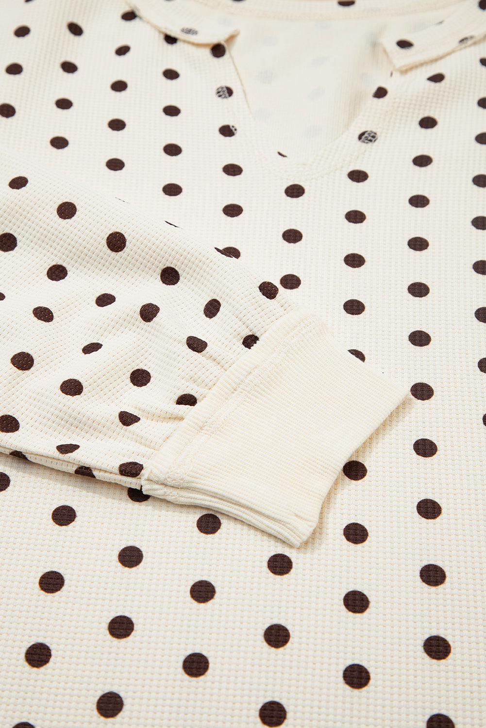 White Polka Dot Print Notched Neck Long Sleeve Top Drawstring Jogger Pants Waffle Knit Lounge Set-Loungewear & Sleepwear/Loungewear-[Adult]-[Female]-2022 Online Blue Zone Planet