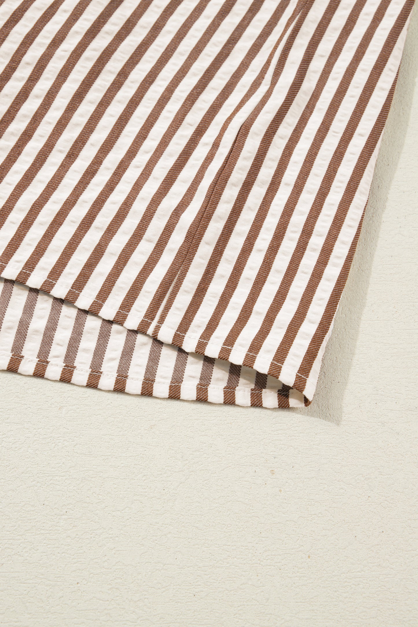 Brown Stripe Leopard Trim V Neck Button Down Half Sleeve Shirt-Tops/Blouses & Shirts-[Adult]-[Female]-2022 Online Blue Zone Planet