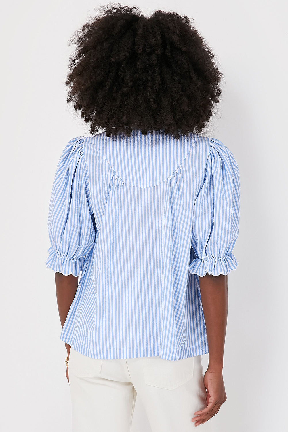 Sky Blue Stripe Ruffled Collar Puff Sleeve Half Buttons Blouse-Tops/Blouses & Shirts-[Adult]-[Female]-2022 Online Blue Zone Planet