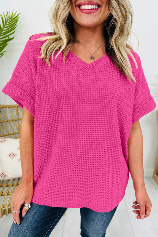 Strawberry Pink Waffle V Neck Short Sleeve Knit Top-Tops/Tops & Tees-[Adult]-[Female]-Strawberry Pink-S-2022 Online Blue Zone Planet