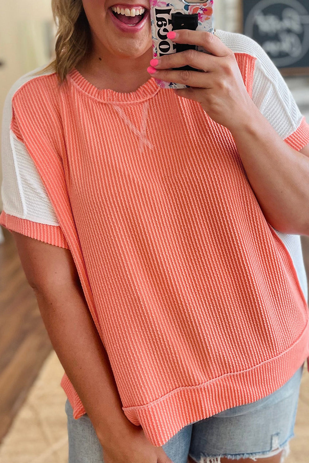 Parchment Twist Rib Colorblock Hi Low Plus Size Short Sleeve Top-Plus Size/Plus Size Tops/Plus Size Tops & Tees-[Adult]-[Female]-Carrot-1X-2022 Online Blue Zone Planet