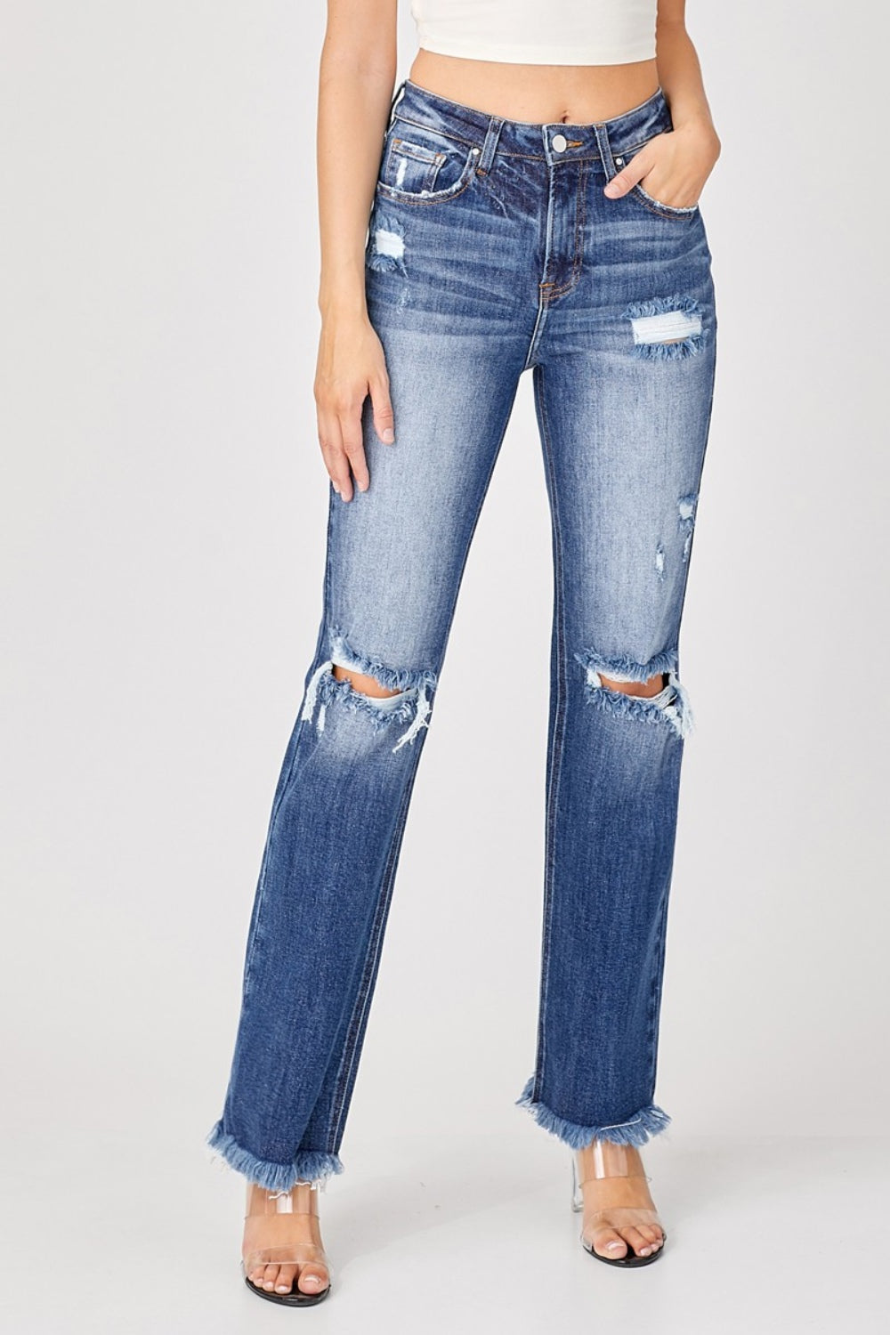 Blue Zone Planet | Risen Full Size Raw Hem Distressed Straight Jeans-TOPS / DRESSES-[Adult]-[Female]-2022 Online Blue Zone Planet