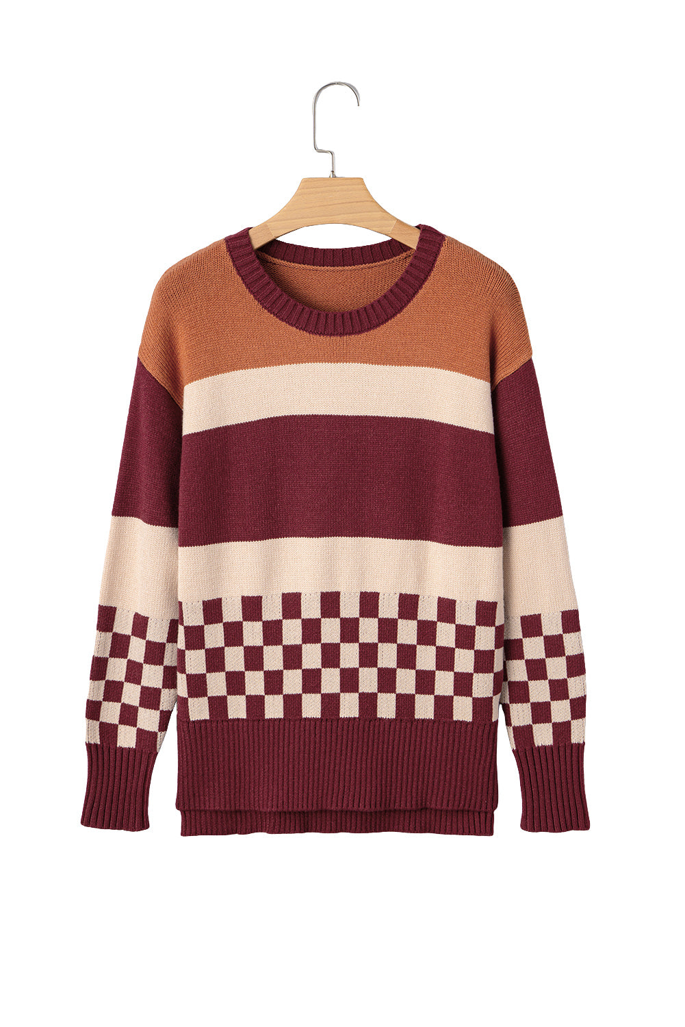 Brown Checkered Color Block Knitted Drop Shoulder Sweater-TOPS / DRESSES-[Adult]-[Female]-2022 Online Blue Zone Planet