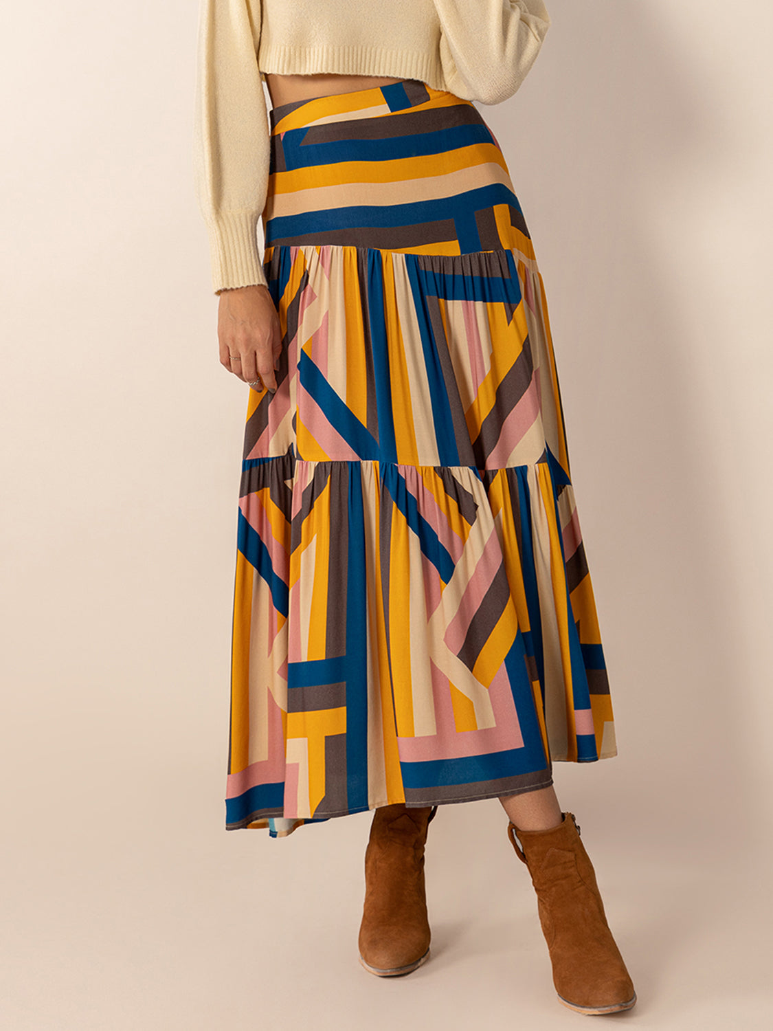 Ruched Elastic Waist Contrast Midi Skirt-BOTTOMS SIZES SMALL MEDIUM LARGE-[Adult]-[Female]-2022 Online Blue Zone Planet