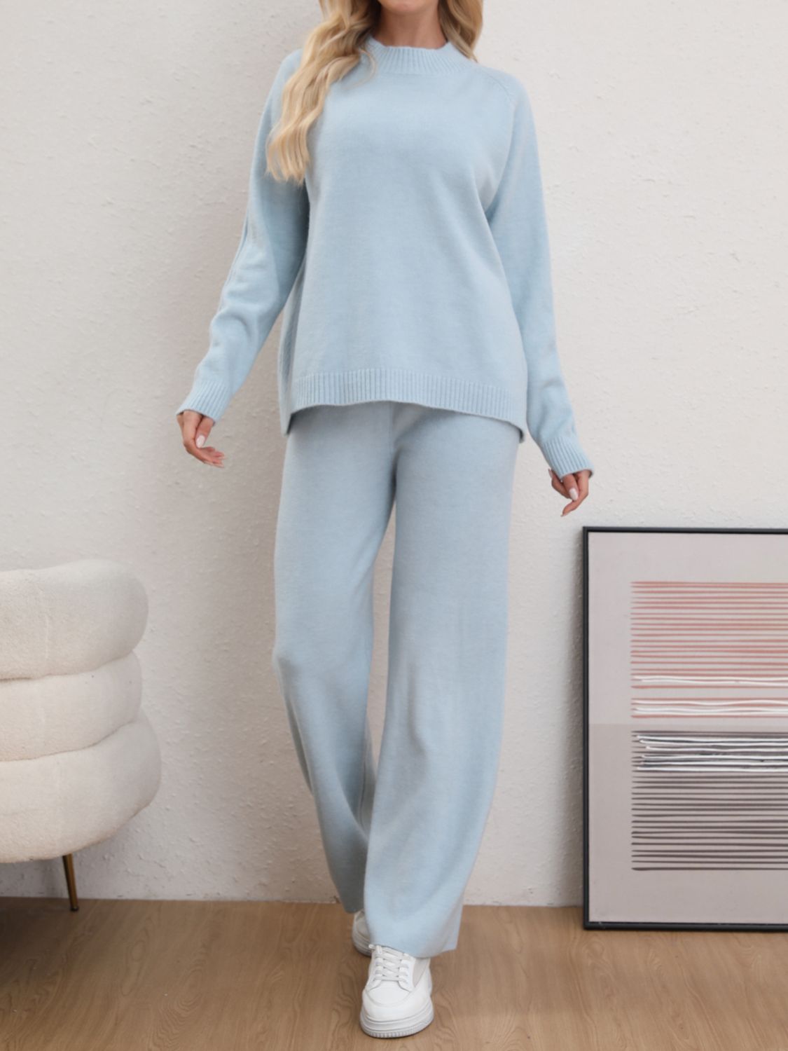 Mock Neck Long Sleeve Top and Pants Sweater Set-TOPS / DRESSES-[Adult]-[Female]-Light Blue-One Size-2022 Online Blue Zone Planet