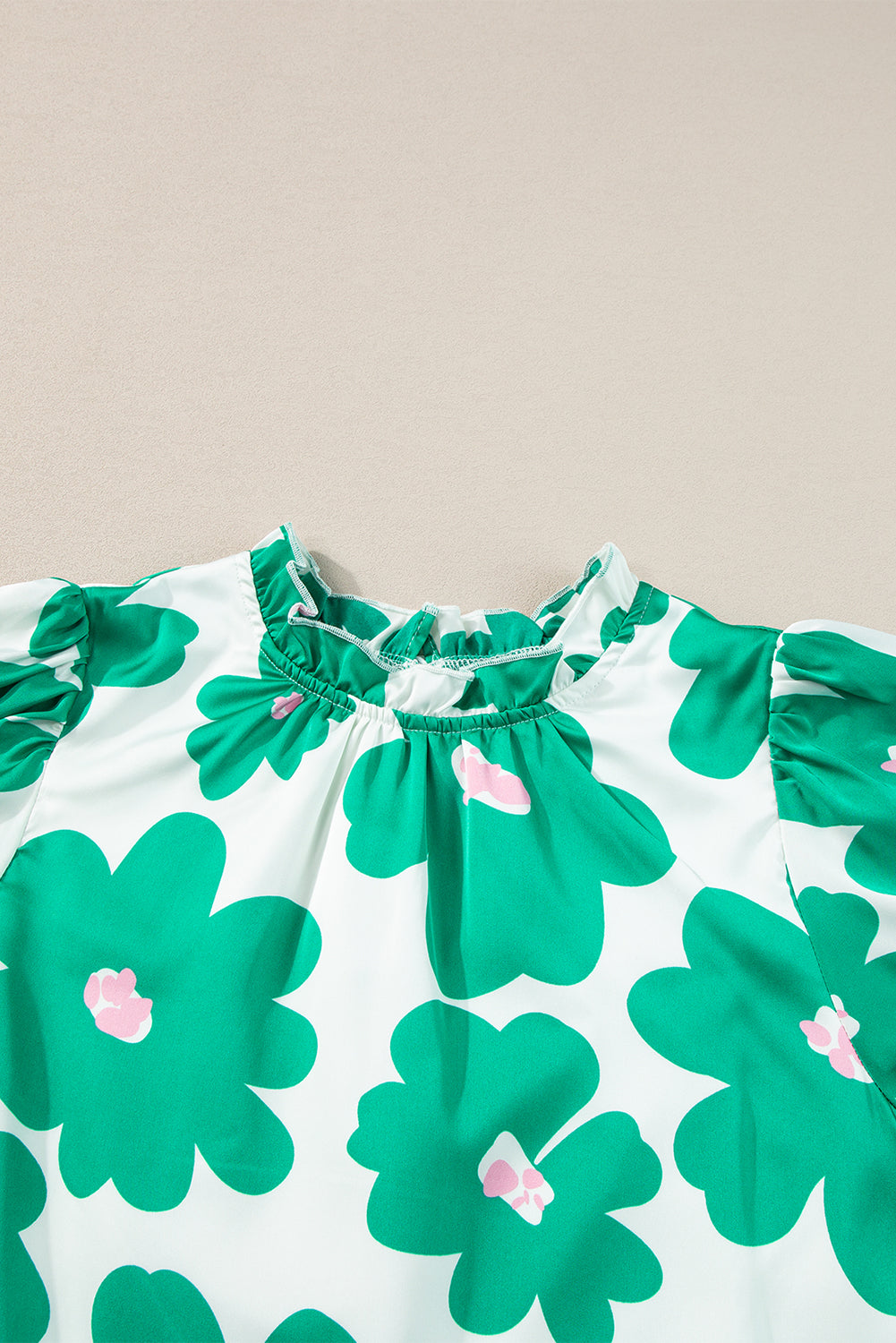 Green Floral Puff Sleeve Frill Neckline Blouse-Tops/Blouses & Shirts-[Adult]-[Female]-2022 Online Blue Zone Planet