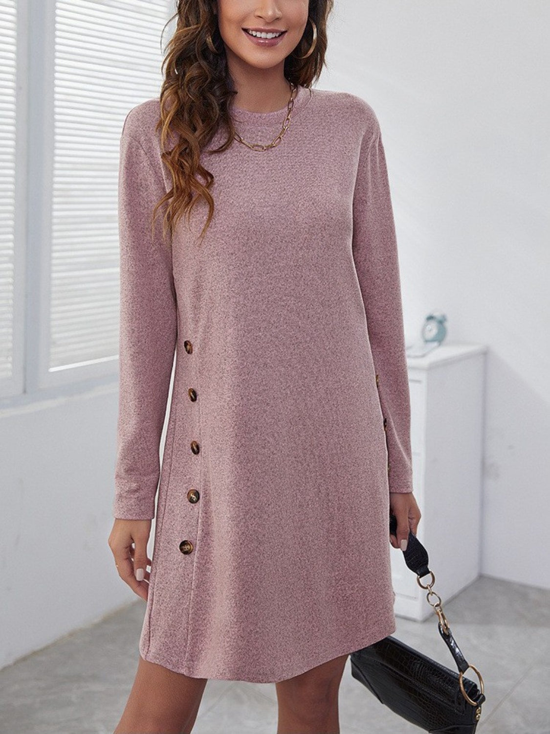 Round Neck Long Sleeve Mini Dress-TOPS / DRESSES-[Adult]-[Female]-Dusty Pink-S-2022 Online Blue Zone Planet