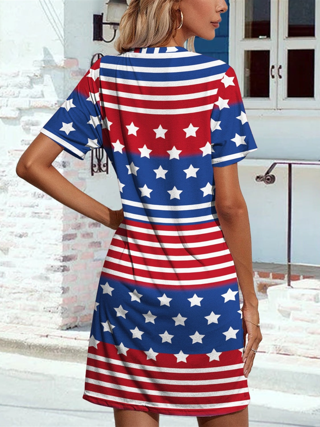 Blue Zone Planet | Pocketd US Flag Printed Short Sleeve Dress-TOPS / DRESSES-[Adult]-[Female]-2022 Online Blue Zone Planet