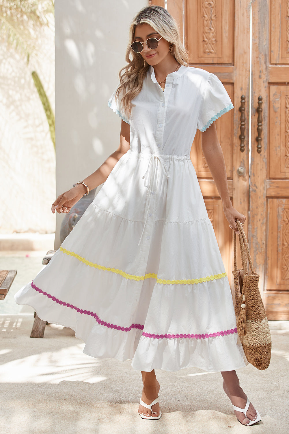 White High Waist Short Sleeve Tiered Shirt Dress-20% OFF-[Adult]-[Female]-White-L-2022 Online Blue Zone Planet