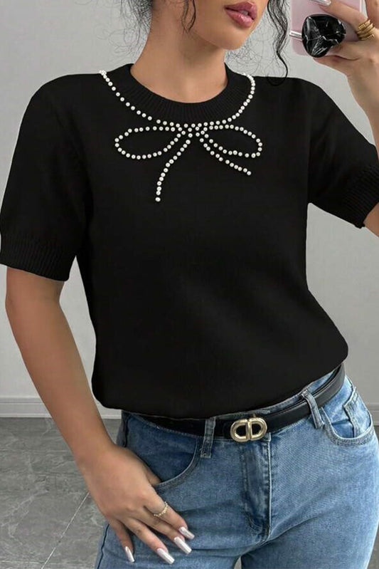 Black Pearl Bow Necklace Embellished Short Sleeve Knitted T Shirt-Sweaters & Cardigans/Short Sleeve Sweaters-[Adult]-[Female]-Black-S-2022 Online Blue Zone Planet