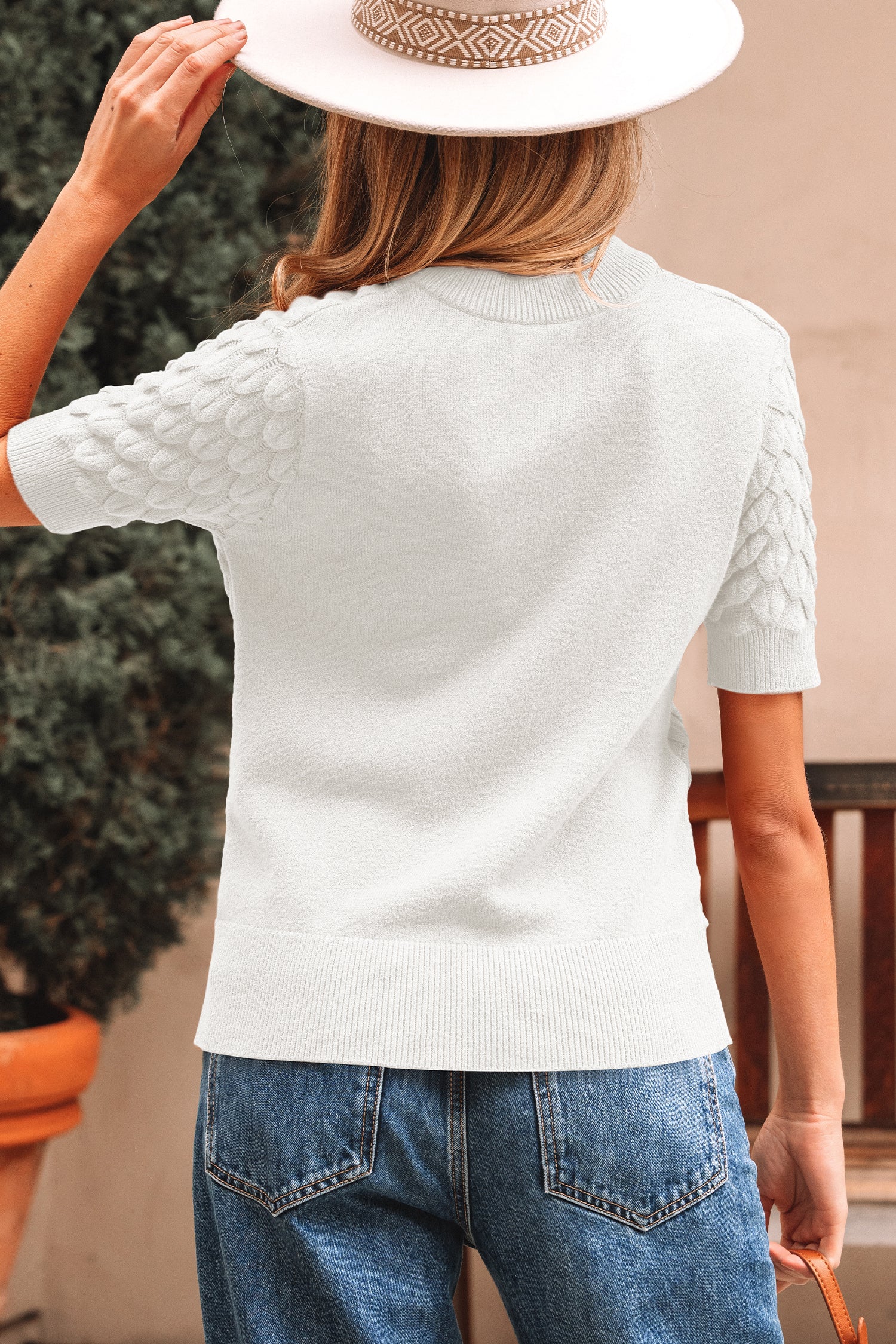 White Fish Scale Textured Knit Ribbed High Neck Short Sleeve Sweater-TOPS / DRESSES-[Adult]-[Female]-2022 Online Blue Zone Planet