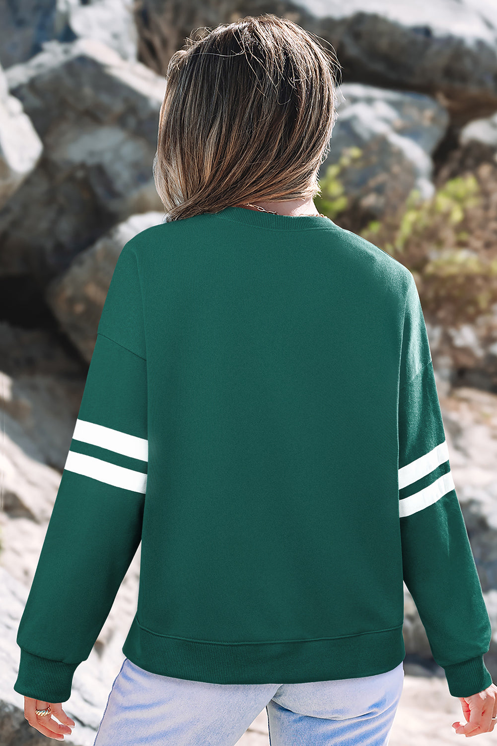 Evergreen Varsity Striped Detail Drop Shoulder Oversized Sweatshirt-Tops/Sweatshirts & Hoodies-[Adult]-[Female]-2022 Online Blue Zone Planet