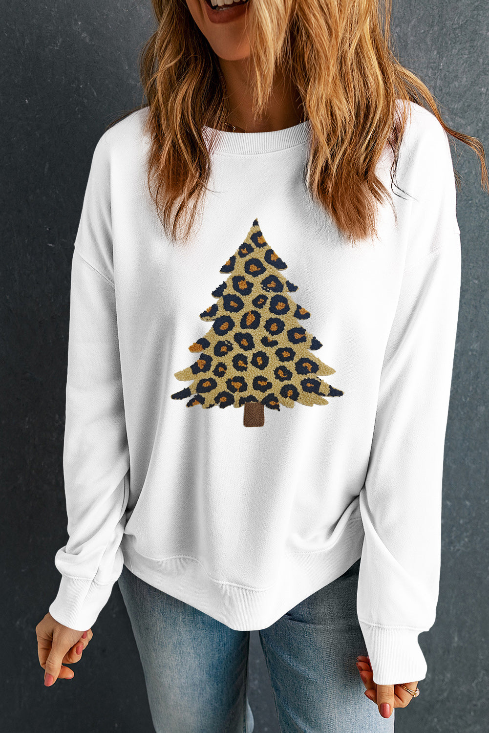 White Plush Leopard Tree Patched Drop Shoulder Sweatshirt-Graphic/Graphic Sweatshirts-[Adult]-[Female]-2022 Online Blue Zone Planet