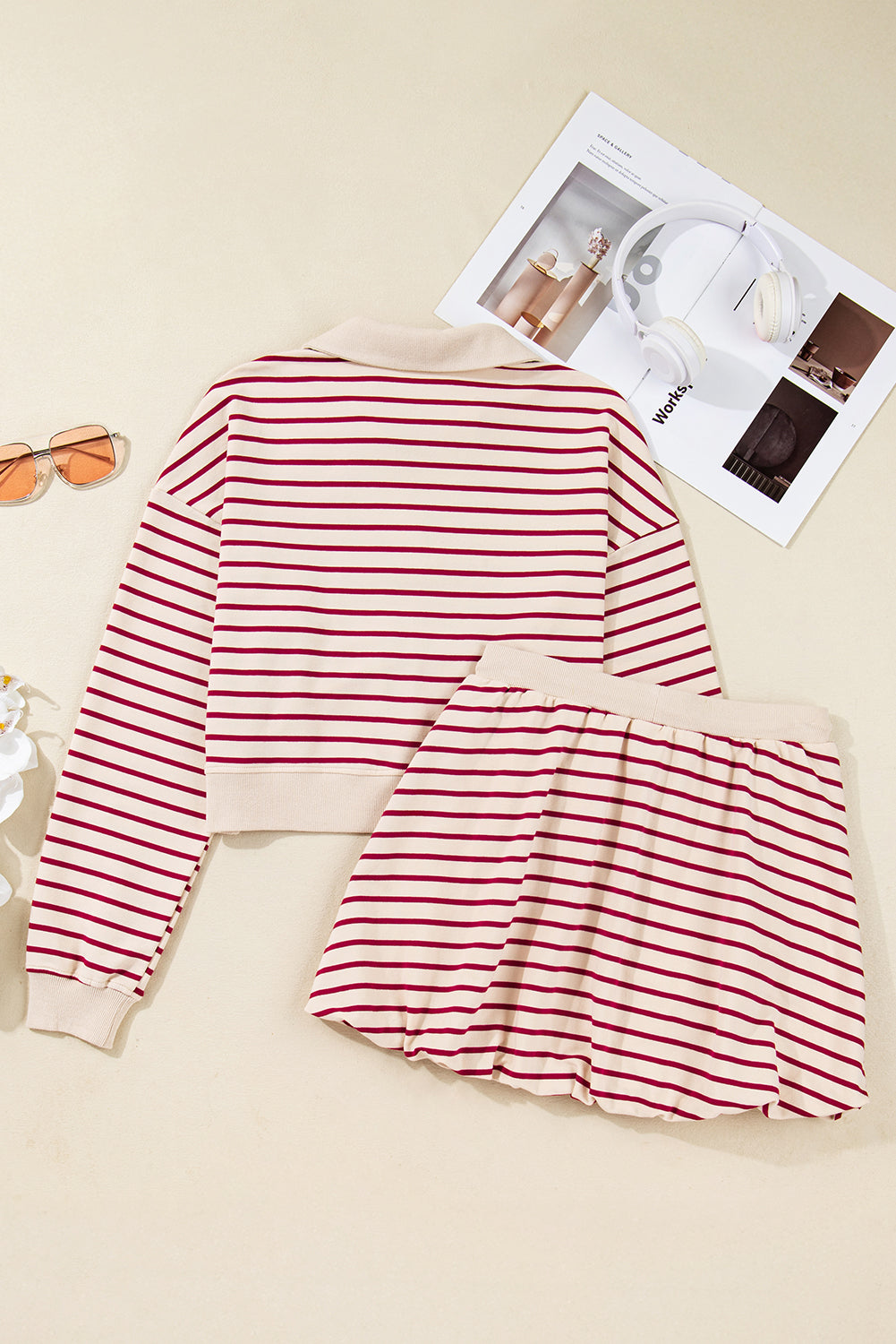 Red Stripe Cropped Collared Drop Shoulder Pullover And Bubble Mini Skirt Set-Two Piece Sets/Two Piece Dresses-[Adult]-[Female]-2022 Online Blue Zone Planet