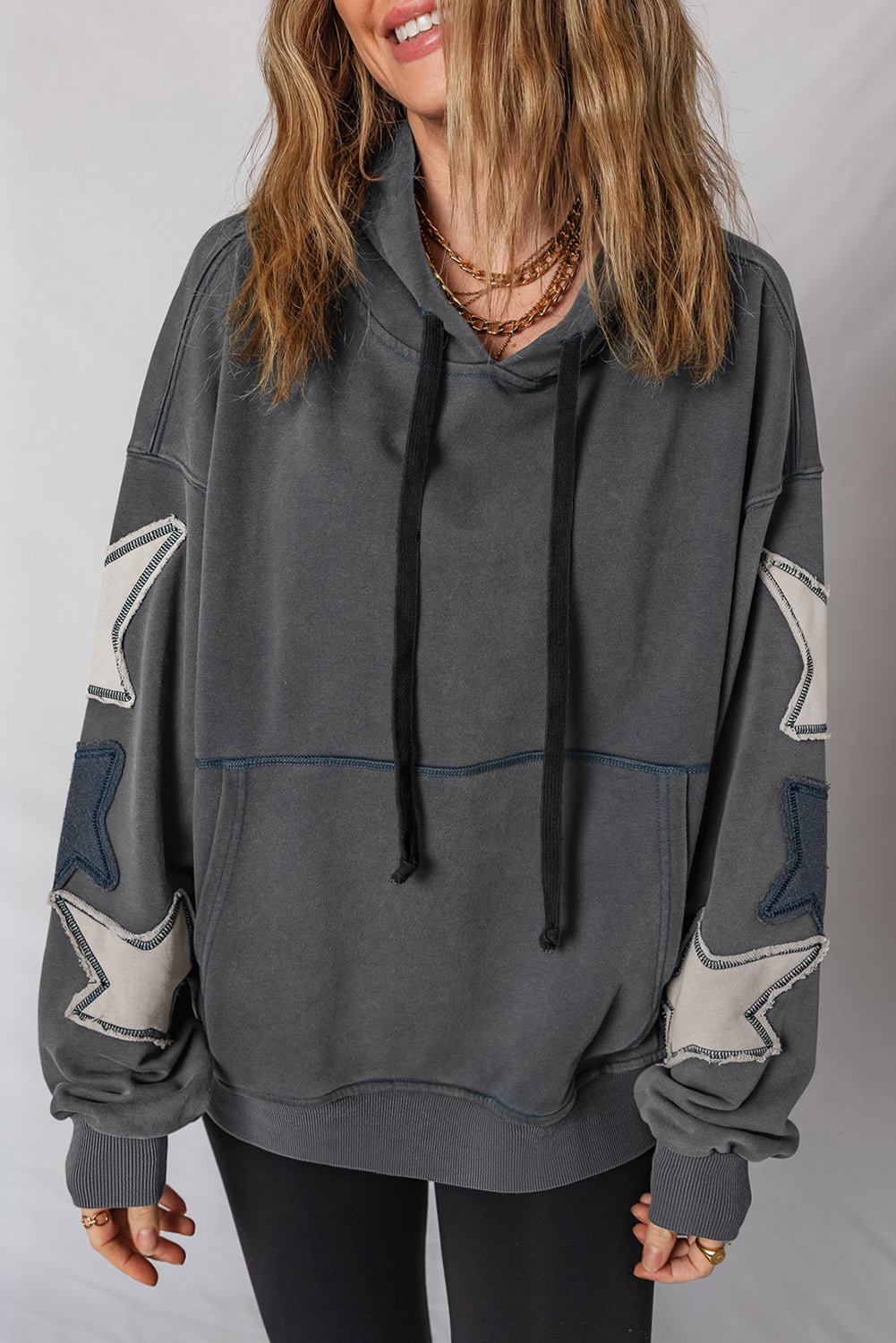 Carbon Grey Star Patchwork Contrast Stitching Mineral Wash Kangaroo Pocket Vintage Hoodie-Tops / Dresses-[Adult]-[Female]-Carbon Grey-S-2022 Online Blue Zone Planet